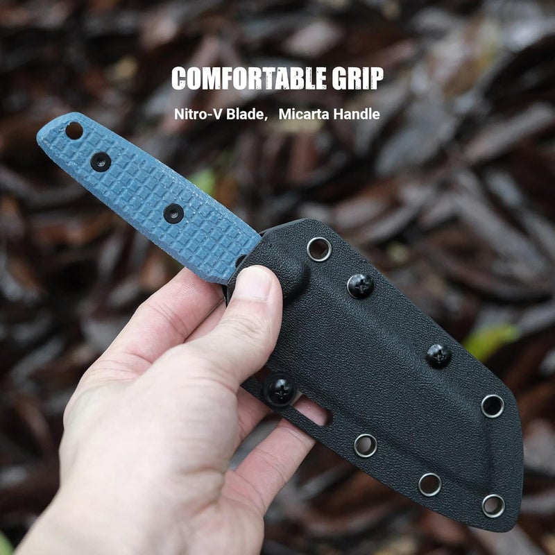 Vosteed EDC Fixed Blade Knives - 3.99’’ Nitro-V Sheepsfoot Blade with Sheath, Full-Tang Blue Micarta Handle - Outdoor Camping Hunting Knife - Mink D0104 - Image 4